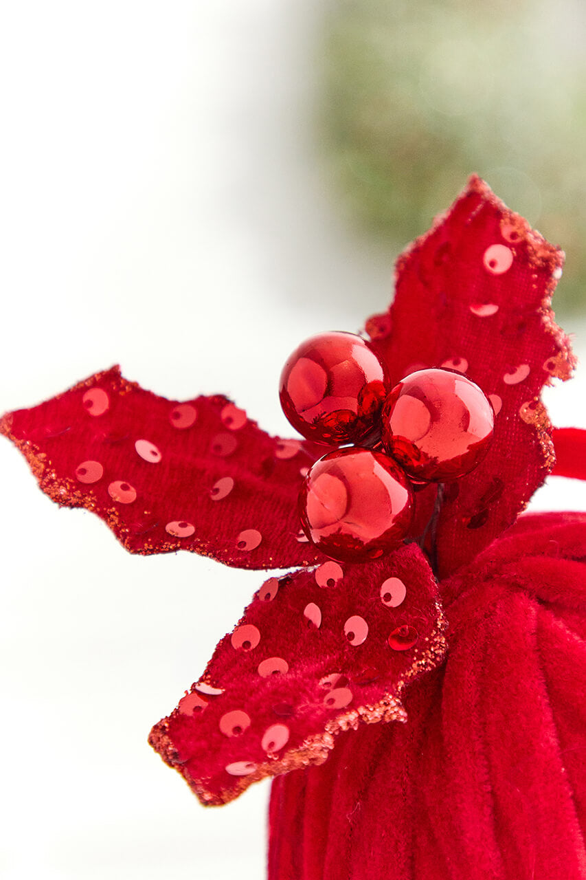 5" Red Velvet Sequin Velvet Ball with Holly Ornament