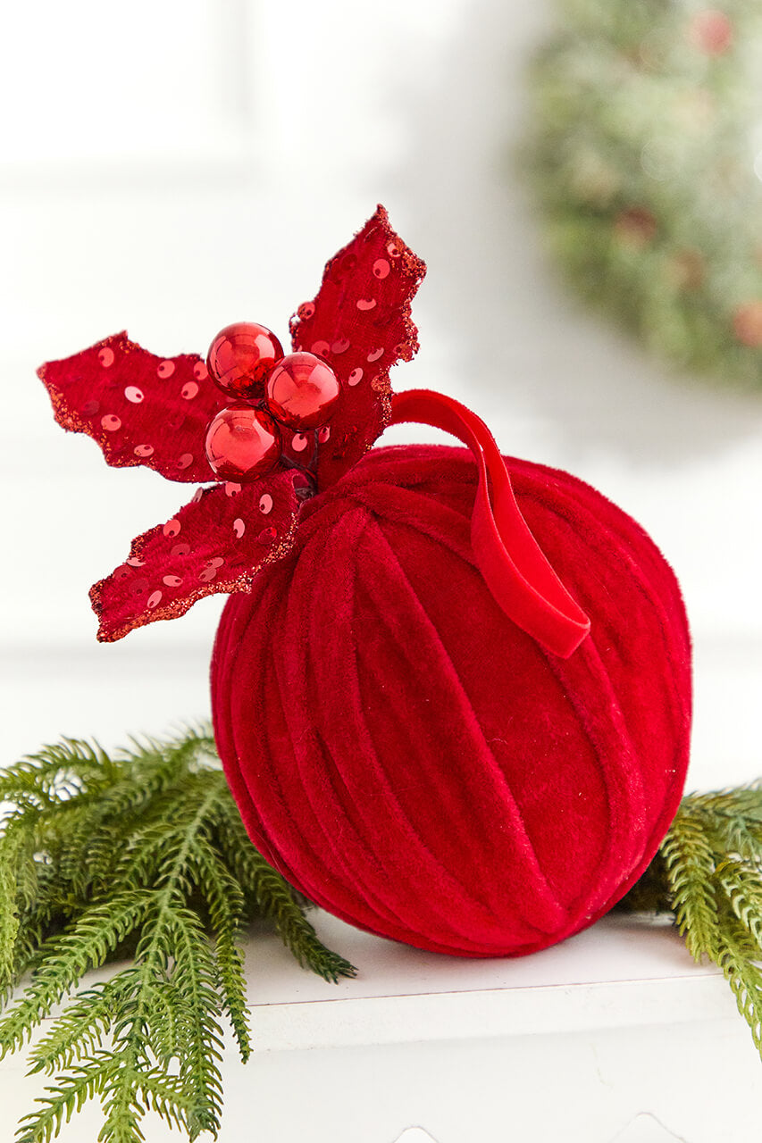 5" Red Velvet Sequin Velvet Ball with Holly Ornament