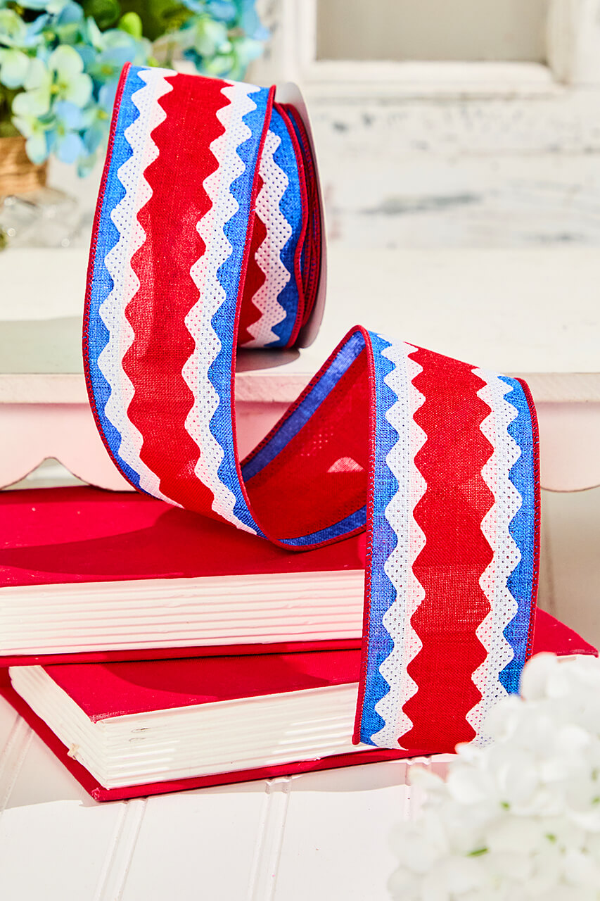 2.5" x 10 Yards Red, White & Blue Patterned Ribbon
