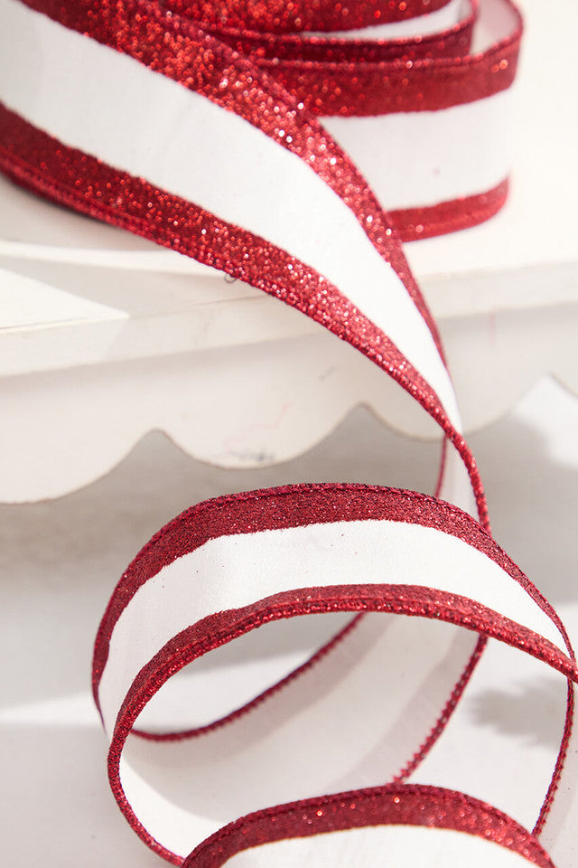 2.5 Inchi x 10 Yard White Dupioni with Red Glitter Stripe Ribbon Peppermint Christmas Wired Ribbon
