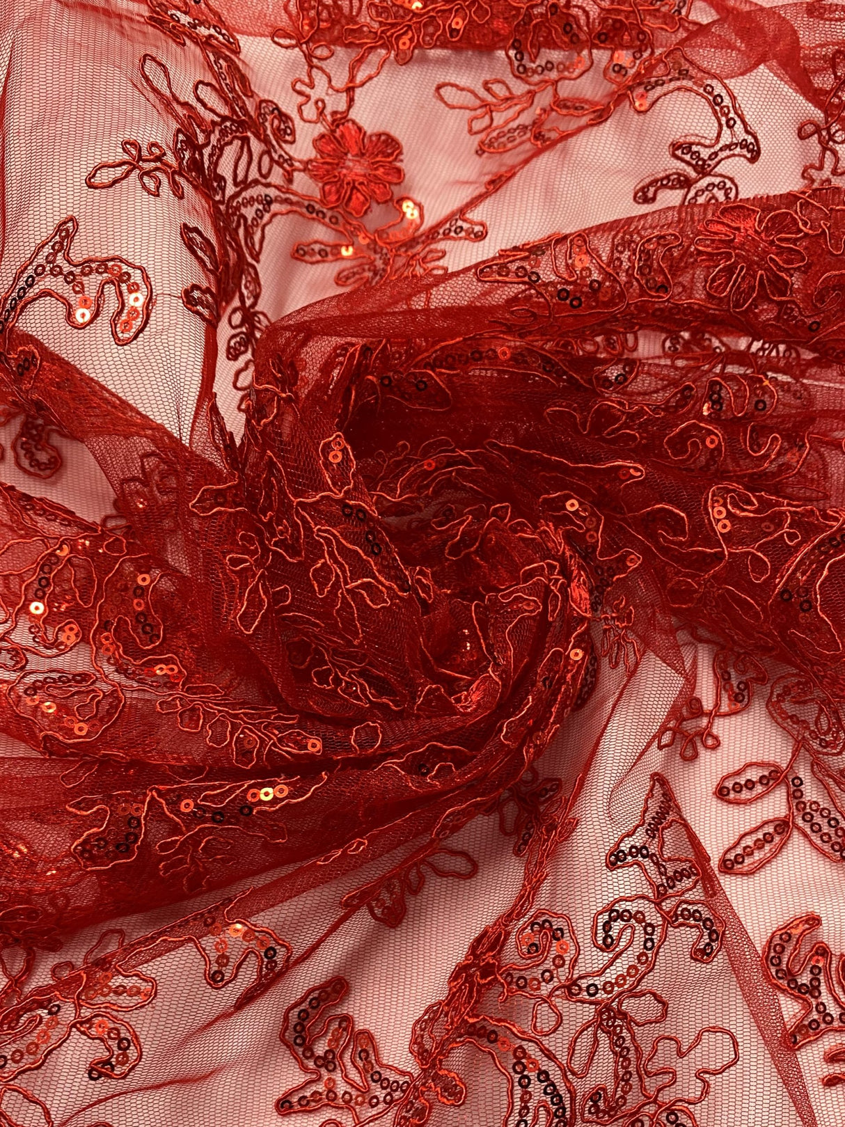 Elena'S Lace Red Polyester Lace Fabric - Red Corded Mesh Embroidered With Sequins, Double Scalloped Edge, 54" Width (1 Yard)
