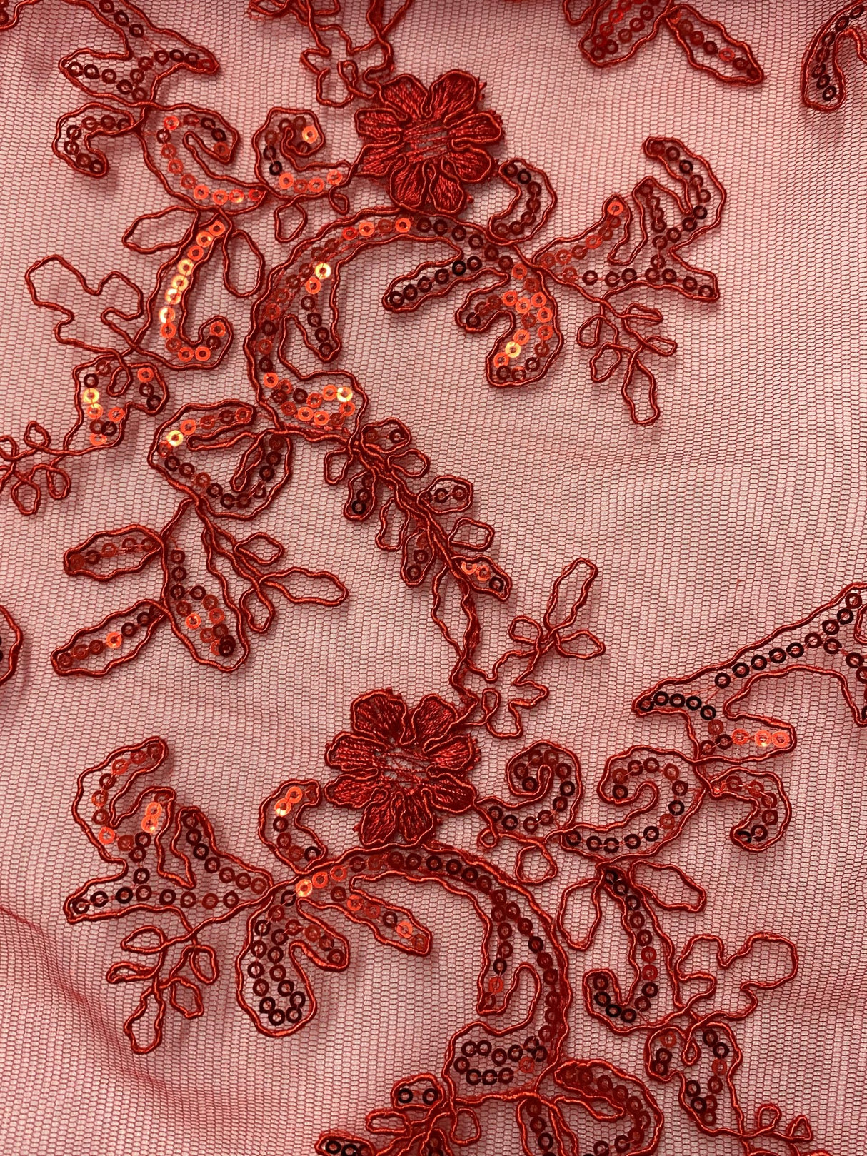 Elena'S Lace Red Polyester Lace Fabric - Red Corded Mesh Embroidered With Sequins, Double Scalloped Edge, 54" Width (1 Yard)