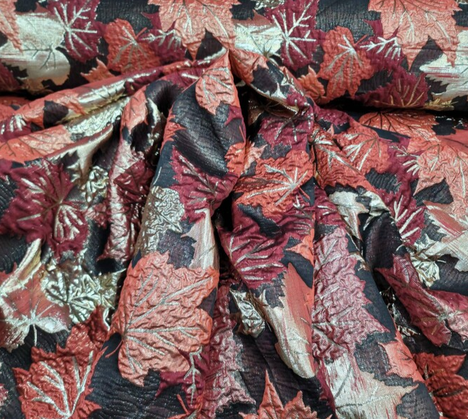 Brocade Gold and Burgundy Maple Leaves Fabric