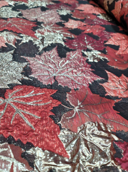Brocade Gold and Burgundy Maple Leaves Fabric