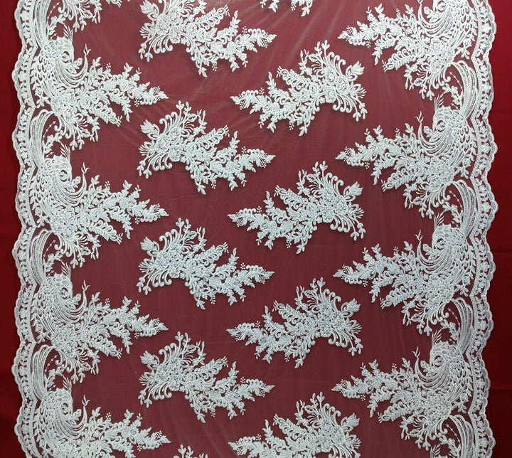 1 Yard Beaded and Corded Bridal Lace Fabric Embroidered on 100% Polyester Net Mesh White