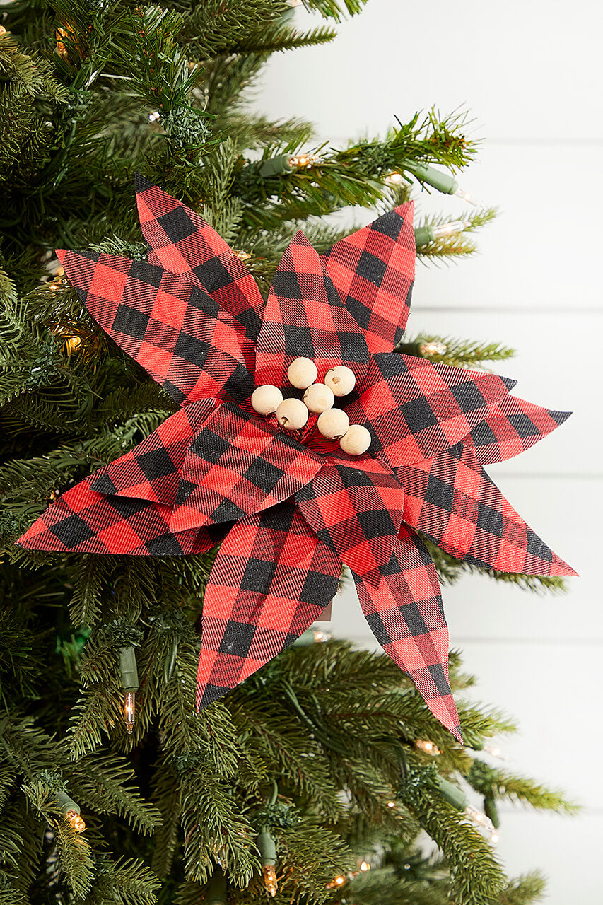 22” x 13" Wood Bead Buffalo Check Poinsettia Stem