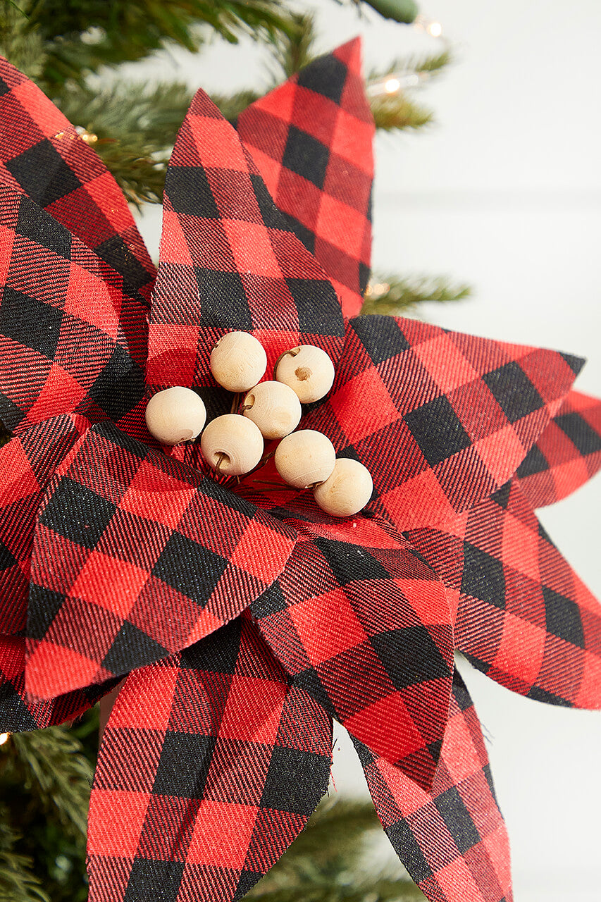 22” x 13" Wood Bead Buffalo Check Poinsettia Stem