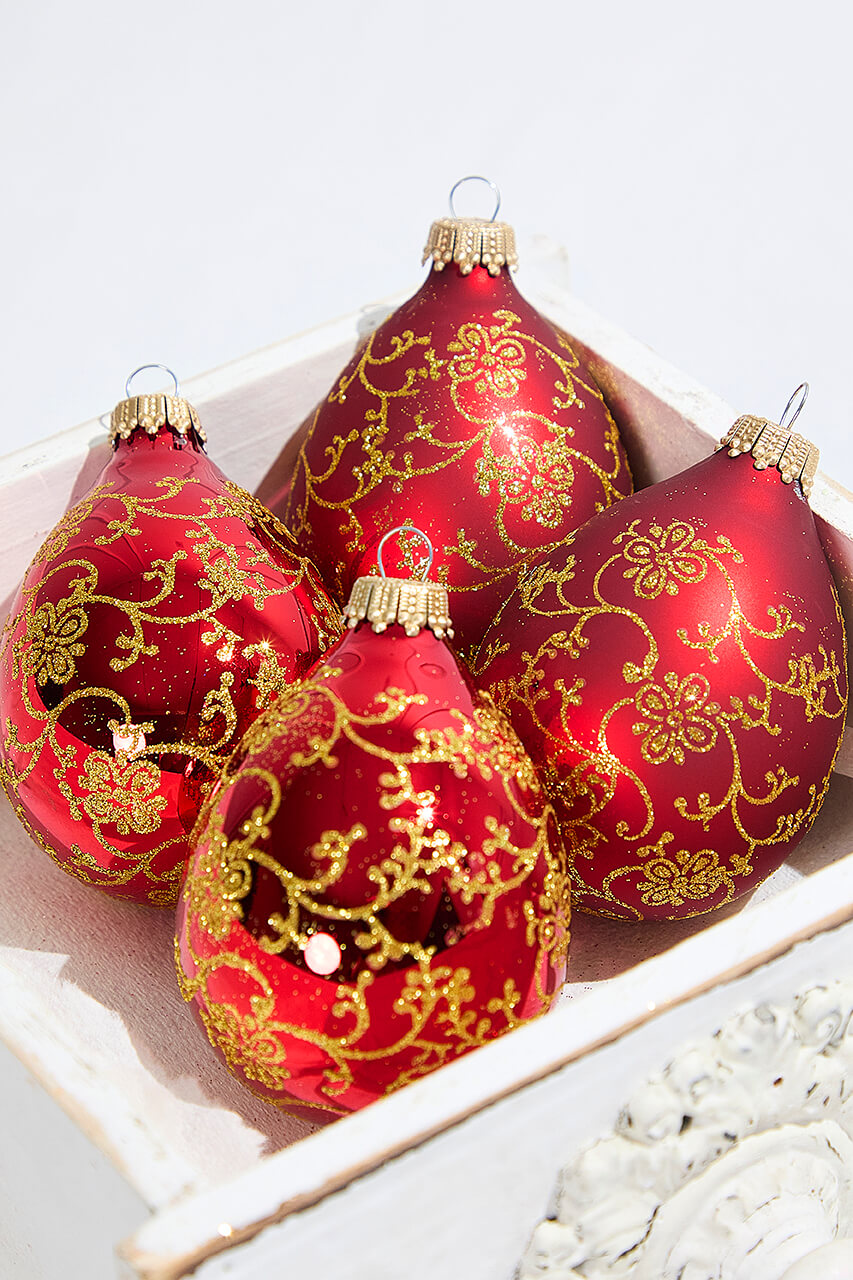 4ct Glass Drop Christmas Red Velvet Gold Floral Glitter Ornament
