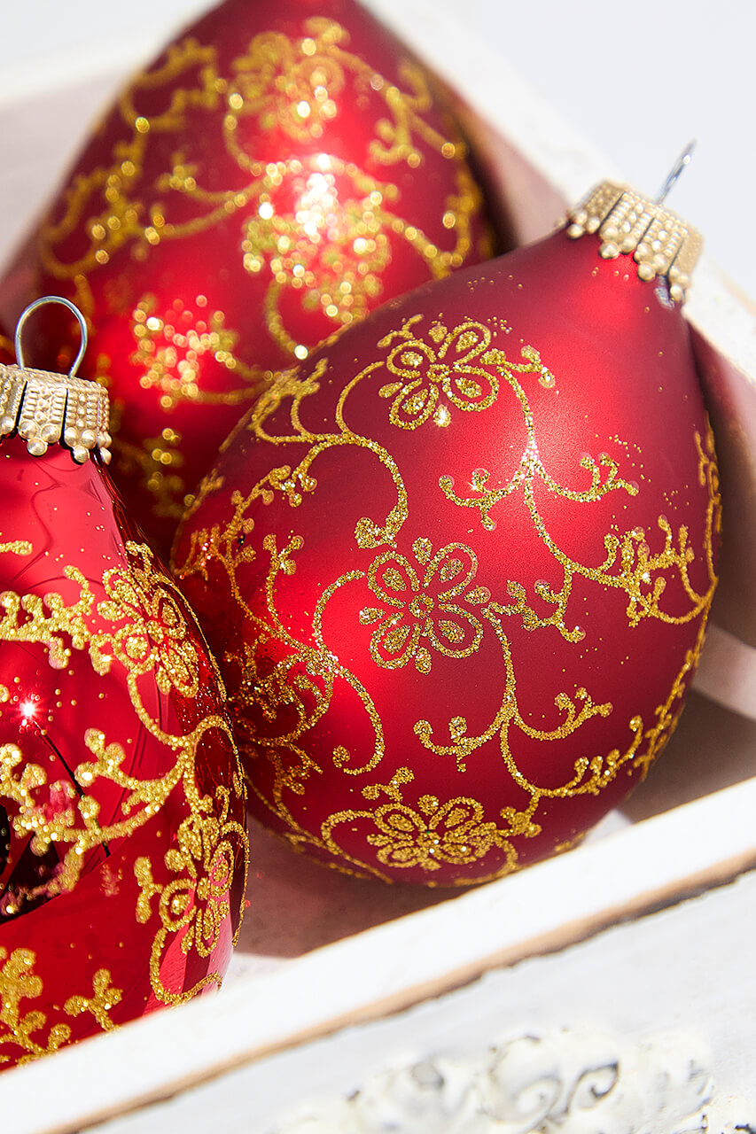 4ct Glass Drop Christmas Red Velvet Gold Floral Glitter Ornament