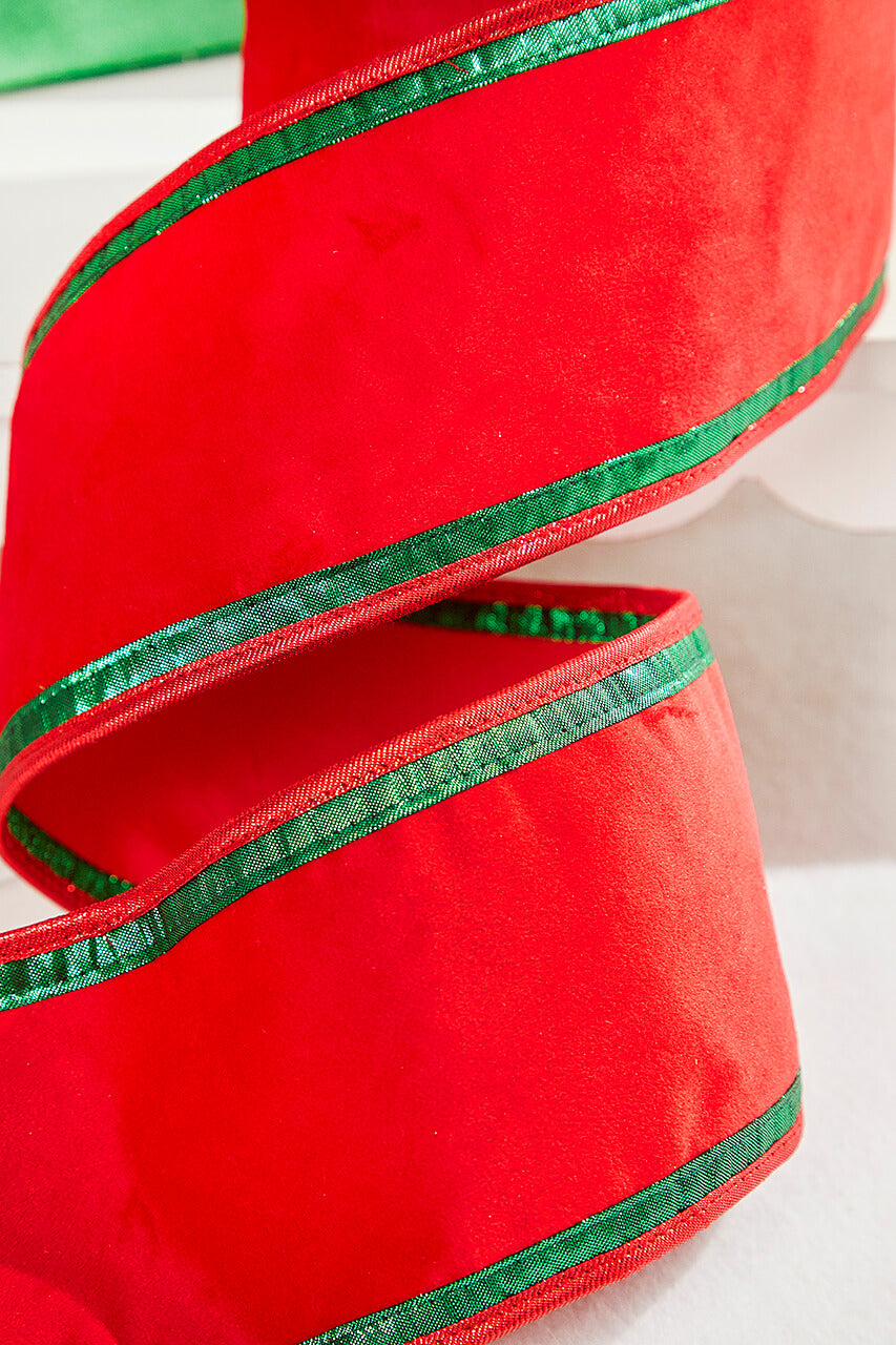 4” x 5 Yard Red & Green Piping Velvet Metallic Dupion Ribbon