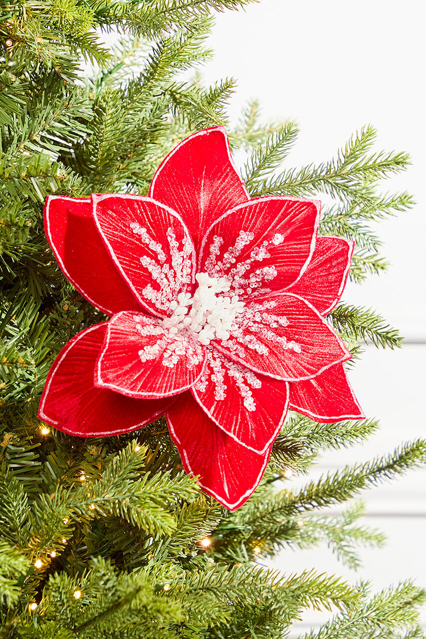 Glitter Red Poinsettia Stem 22 Inch Christmas Floral Decor