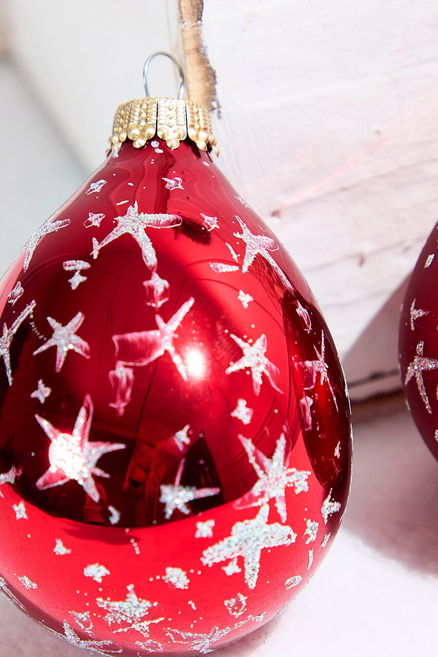6ct Glass Drop Christmas Red & Red Velvet with Silver Stars