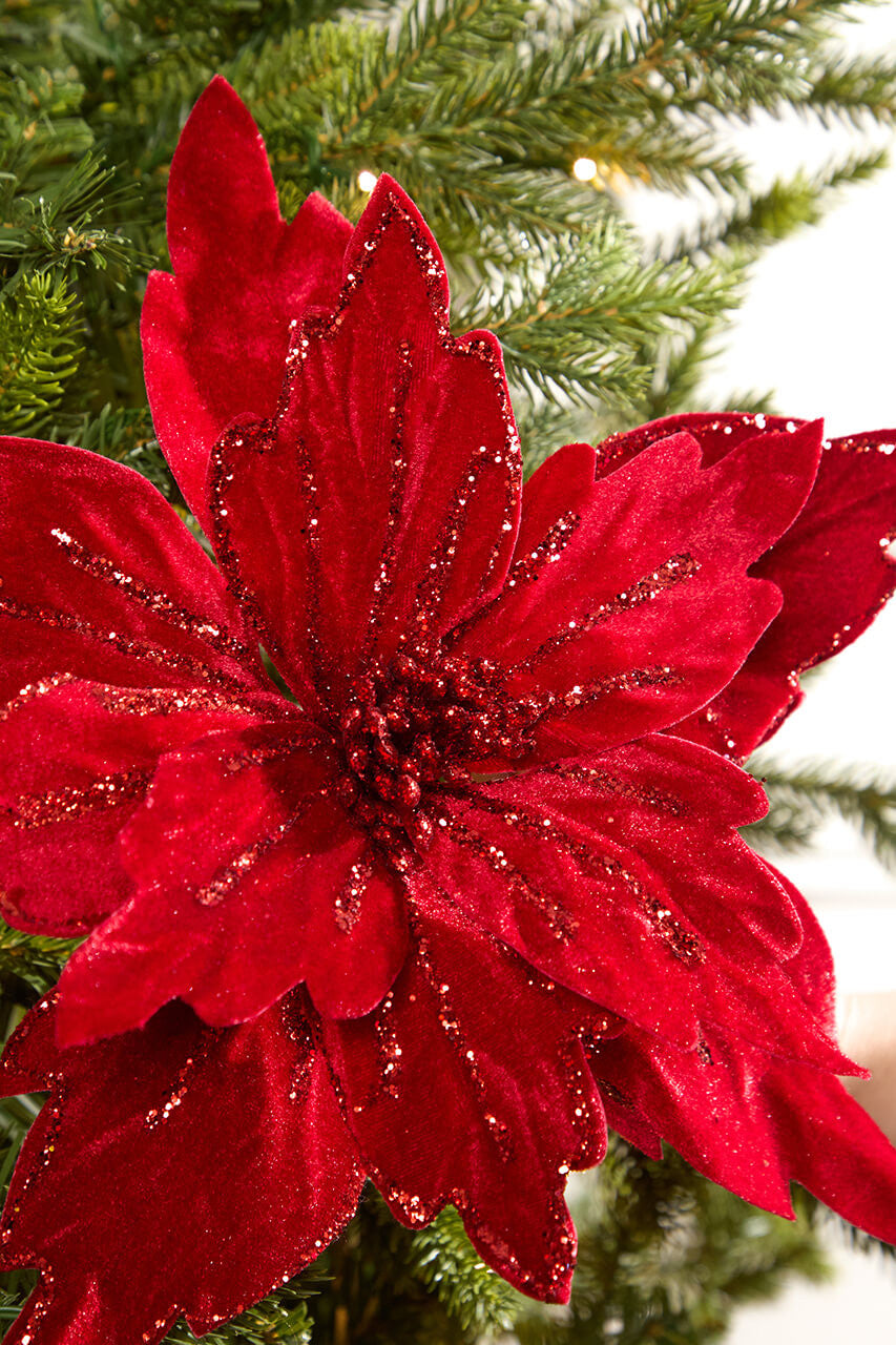 Red Velvet Glitter Poinsettia Stem 19 Inch Christmas Floral Decor