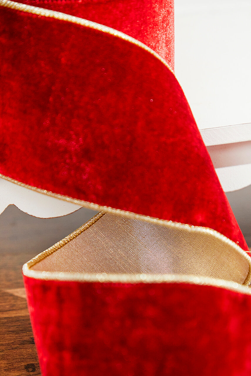 4" x 5 Yard Red Sheldon Velvet Wired Ribbon