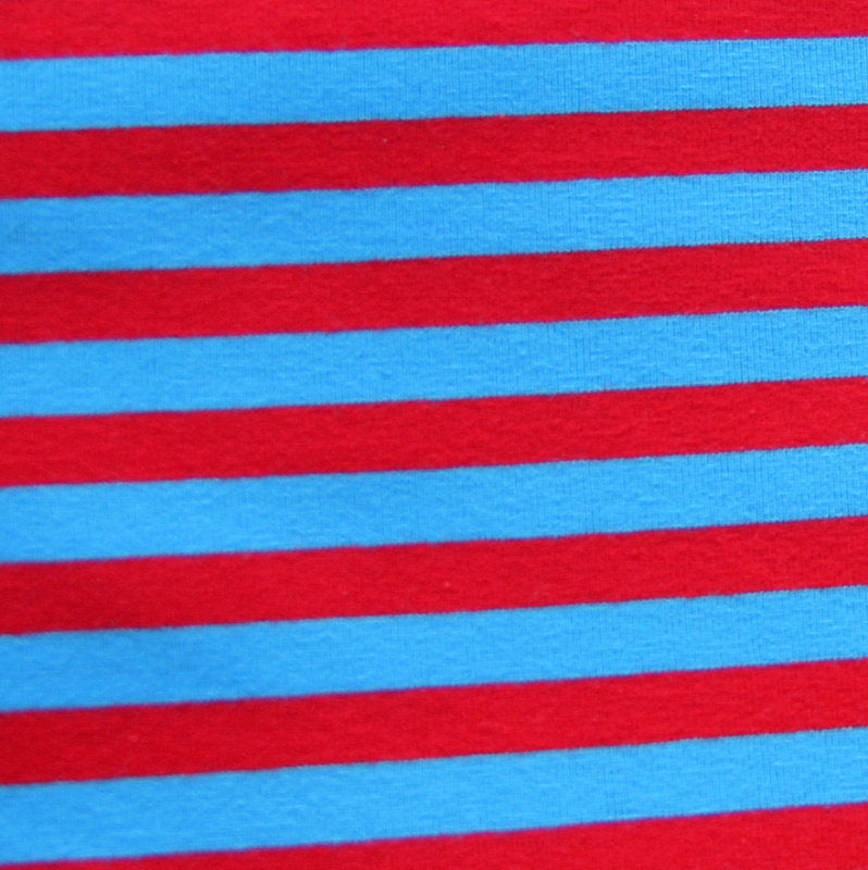Cotton Lycra Stripe Knit Fabric Turquoise Blue and Red 3/8"