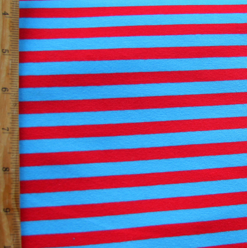 Cotton Lycra Stripe Knit Fabric Turquoise Blue and Red 3/8"