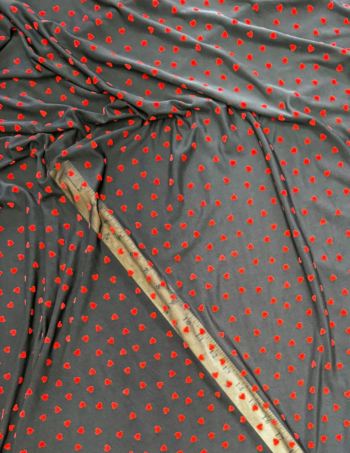 Red Flocked Hearts Power Mesh Fabric - Red Hearts, Black Mesh, 58" Width (1 Yard)