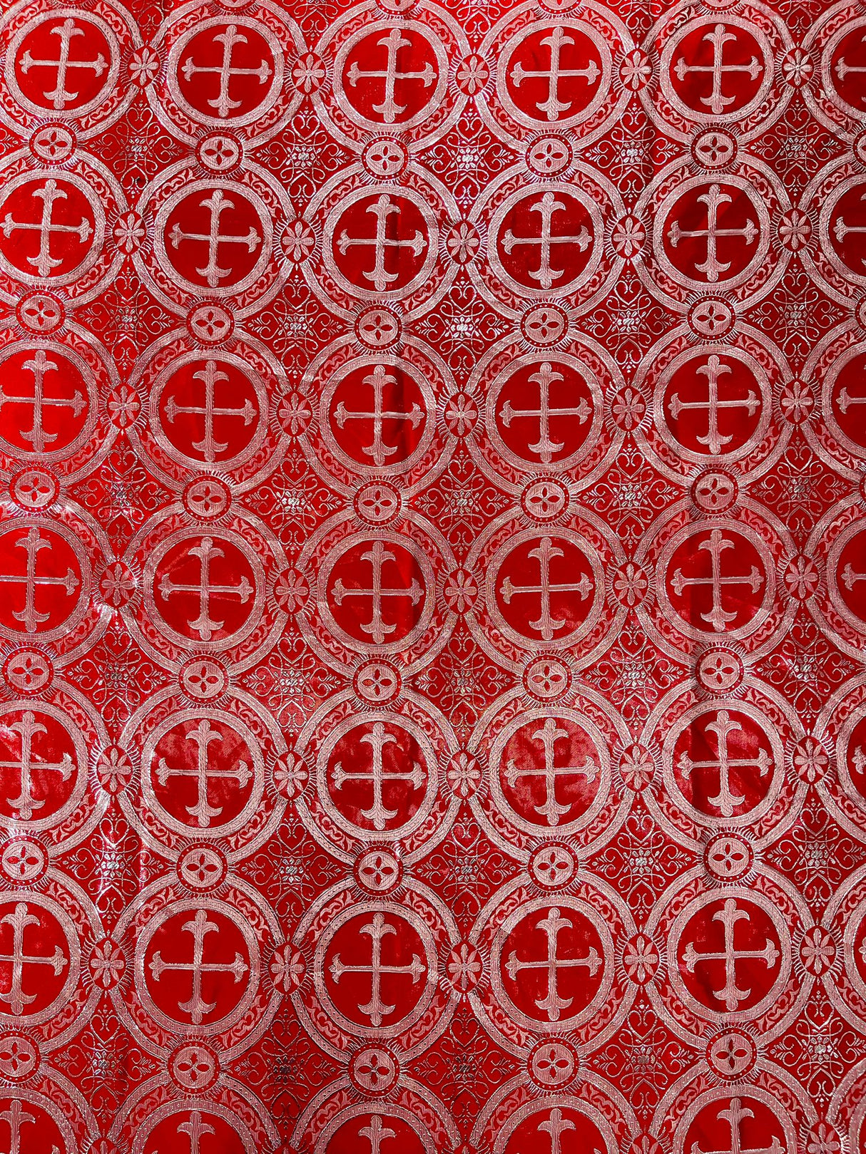 Red/Silver Rectangular Metallic Cross Brocade Jacquard Satin Fabric - Red/Silver Metallic Cross Pattern, Rectangular, Tablecloth Overlay (60 Inches X 72 Inches)