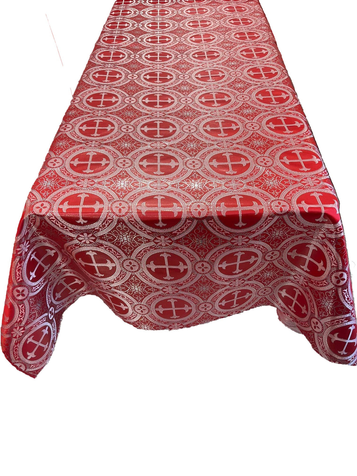 Red/Silver Rectangular Metallic Cross Brocade Jacquard Satin Fabric - Red/Silver Metallic Cross Pattern, Rectangular, Tablecloth Overlay (60 Inches X 72 Inches)