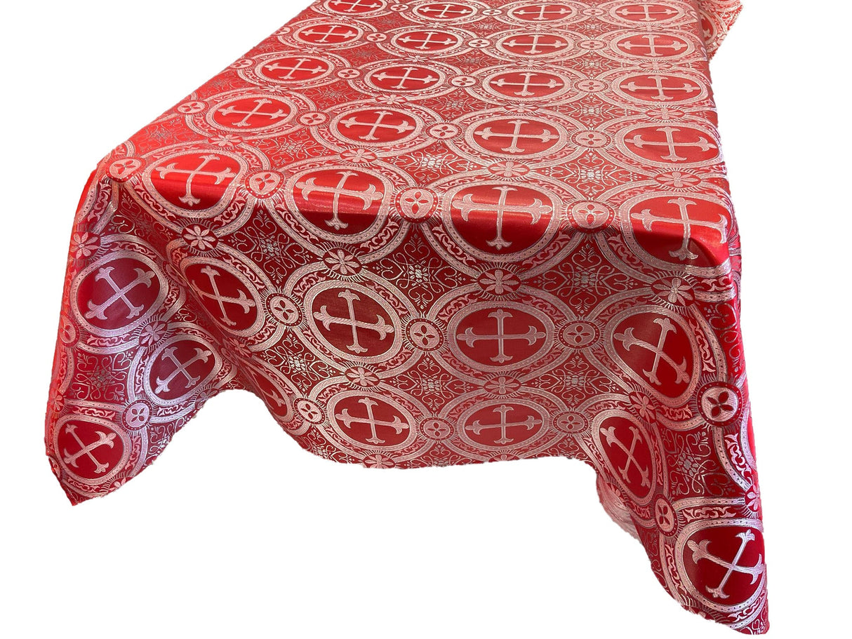 Square Metallic Cross Brocade Jacquard Satin Fabric - Red/Silver Metallic Cross Pattern, Square Table Overlay, 36" To 58" Sizes (1 Piece)