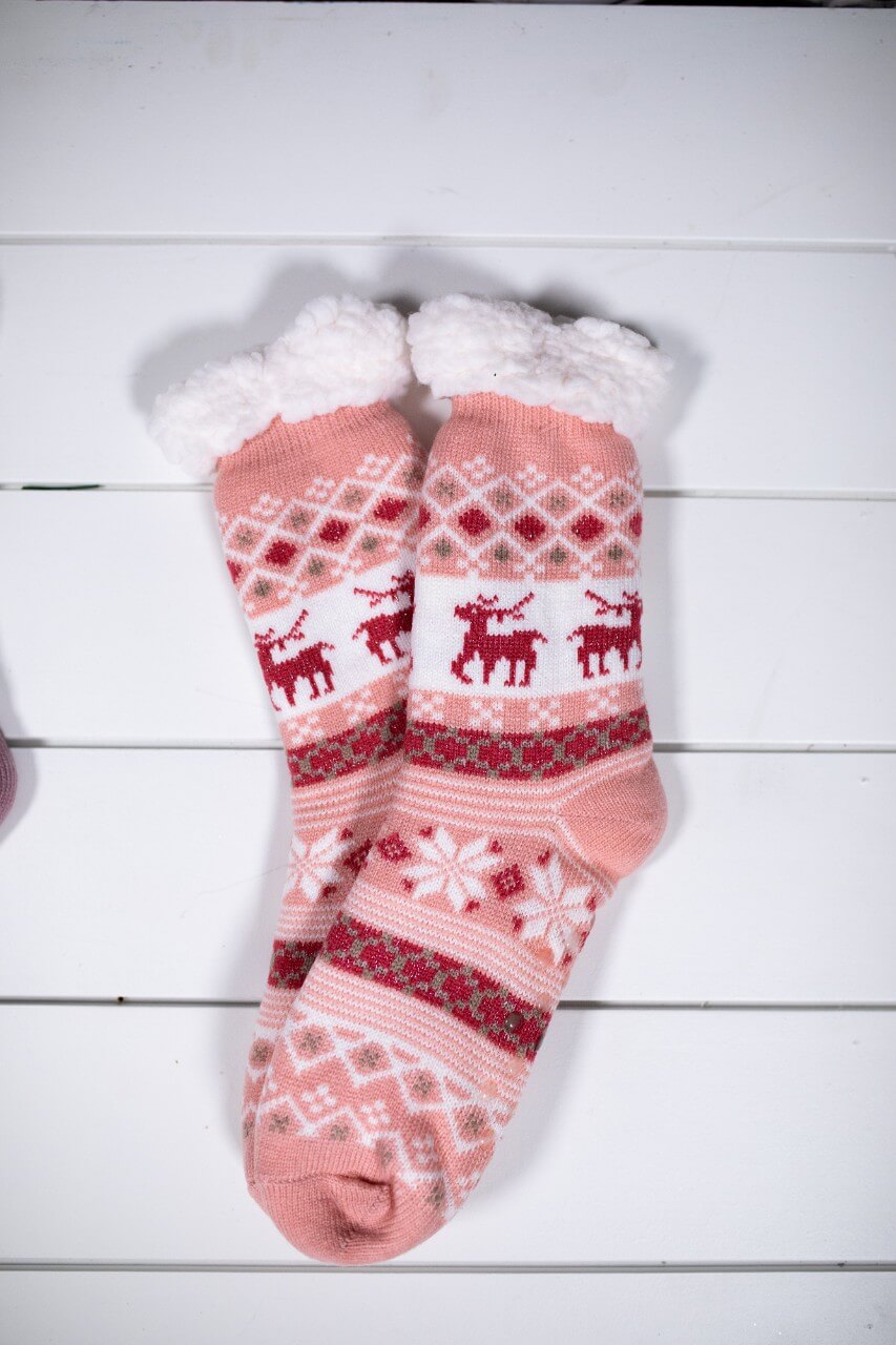 Snowflake Sparkle Deer Thermal Slipper Socks with Non-Slip Grippers