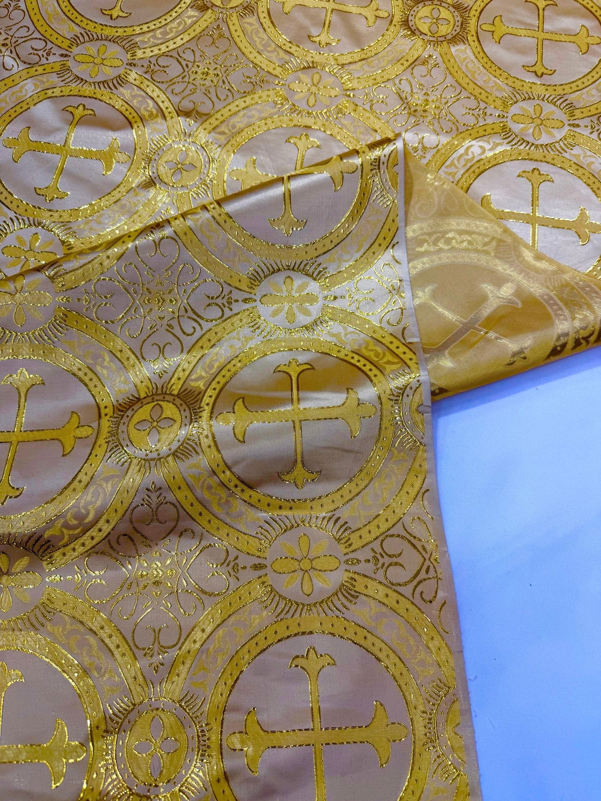 Religious Cross Jacquard Satin Fabric - Religious Cross Pattern, 58" Width (1 Yard)
