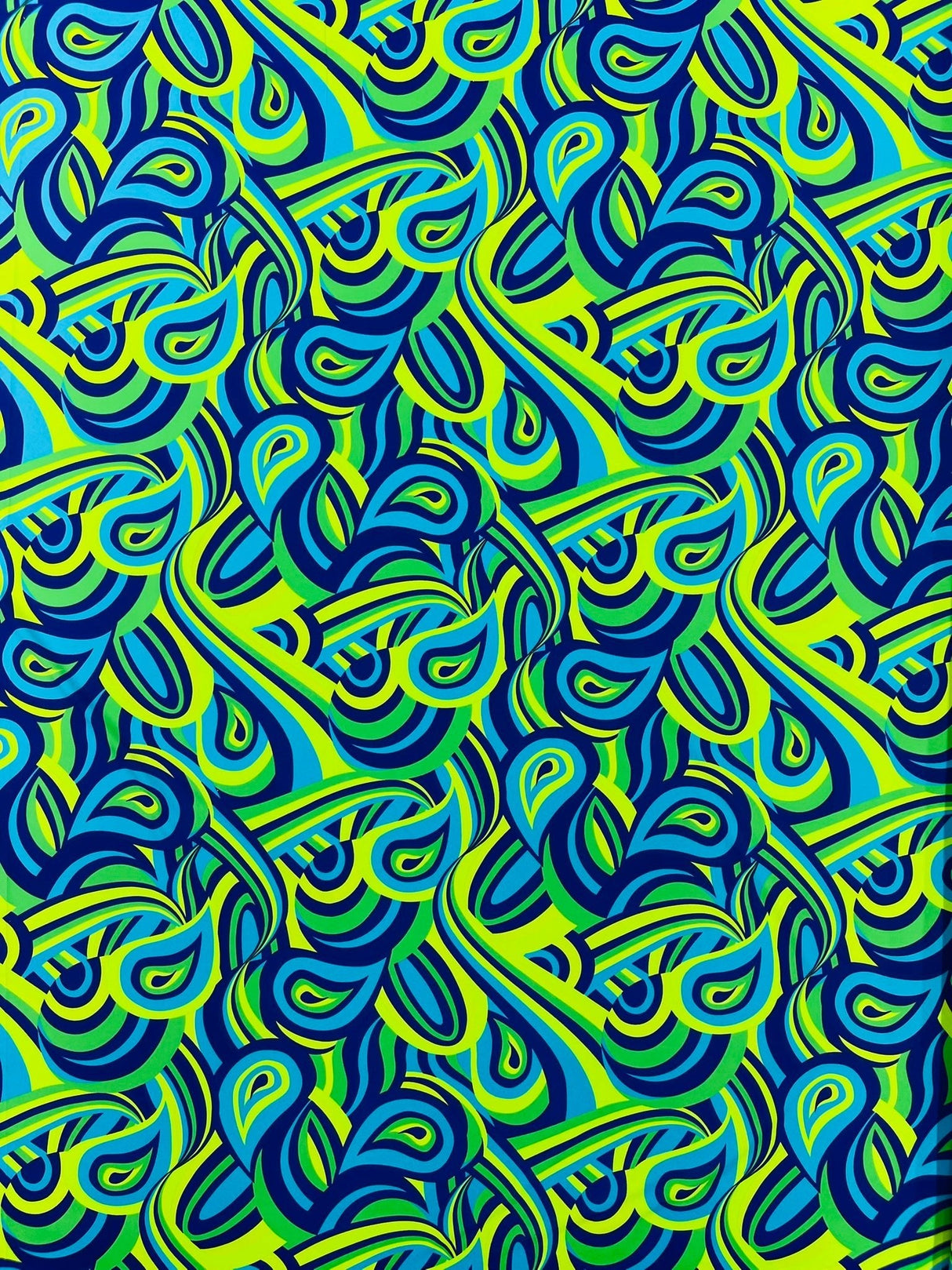 Retro Paisley Spandex Fabric - Blue/Lime Green Paisley, 58" Width (1 Yard)