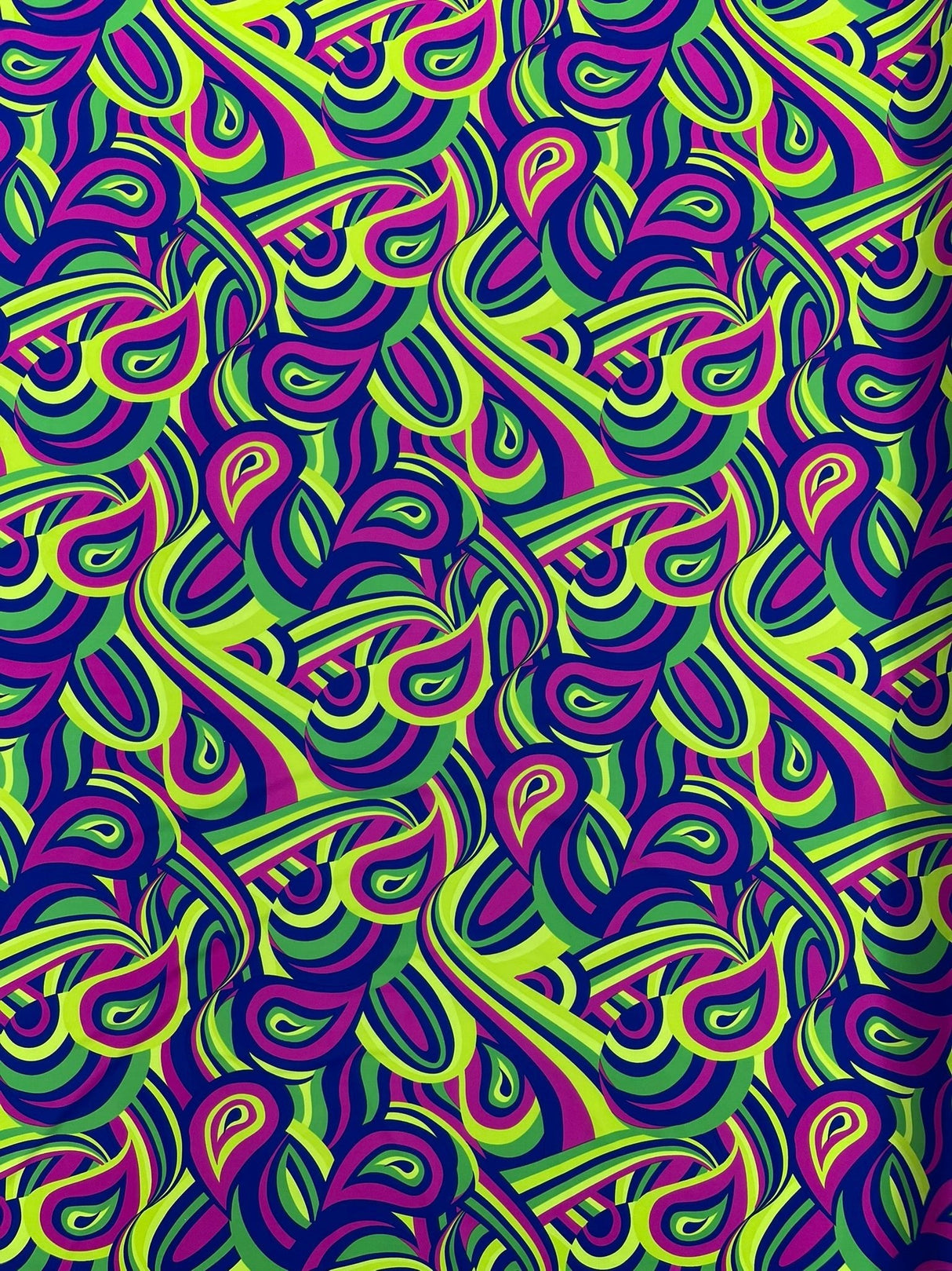 Retro Paisley Spandex Fabric - Blue/Lime Green Paisley, 58" Width (1 Yard)