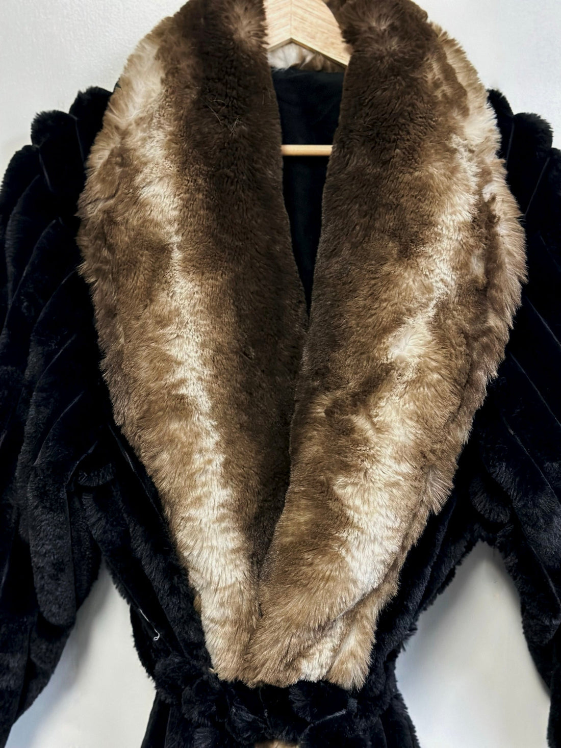 Full-Length Faux Fur Robe Coat Black Belted Plush Lounge Wear with Velvet Insert