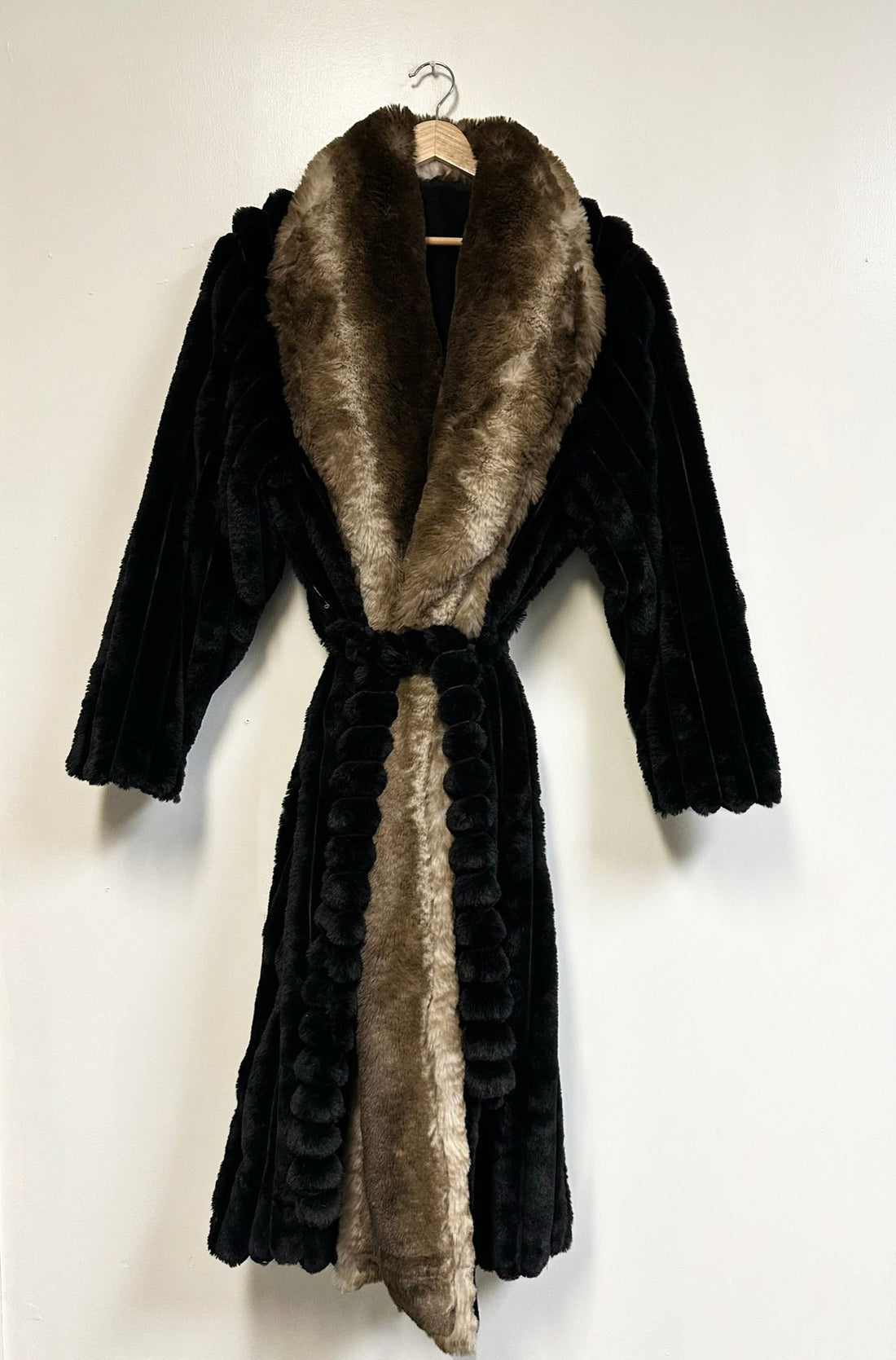 Full-Length Faux Fur Robe Coat Black Belted Plush Lounge Wear with Velvet Insert