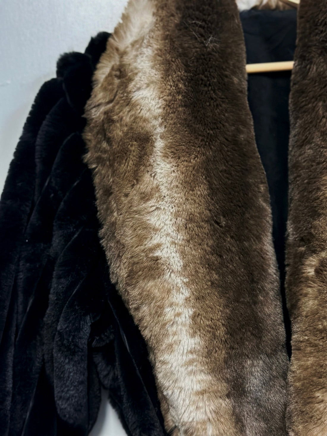 Full-Length Faux Fur Robe Coat Black Belted Plush Lounge Wear with Velvet Insert