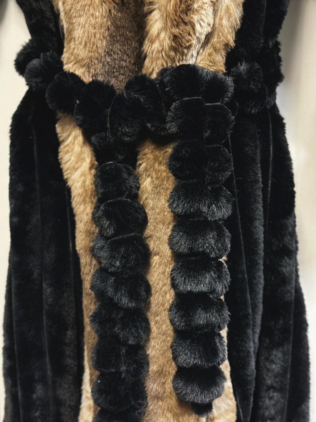 Full-Length Faux Fur Robe Coat Black Belted Plush Lounge Wear with Velvet Insert