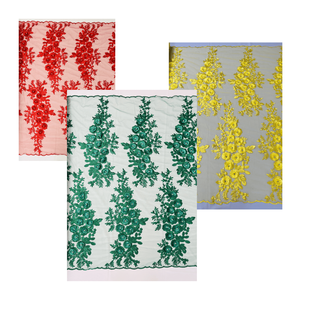 Rosa 3D Floral Design With Rhinestones Polyester Fabric - 3D Floral Embroidered Mesh Lace, 54" Width (1 Yard)