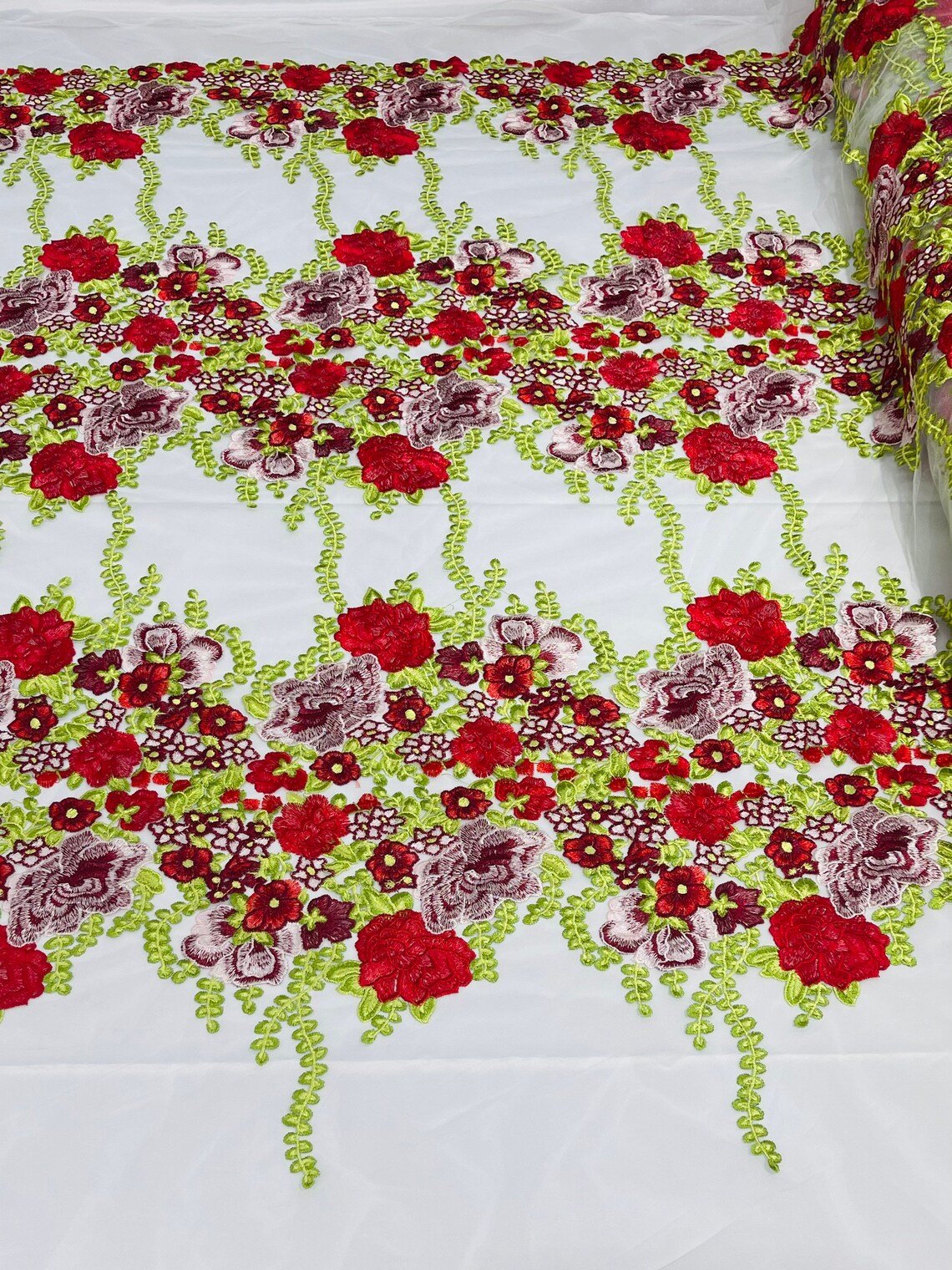 Roses Multi Color Floral Design Embroidered Mesh Lace Fabric - Multi Color Floral Pattern, 50" Width, 36" Length (1 Yard)