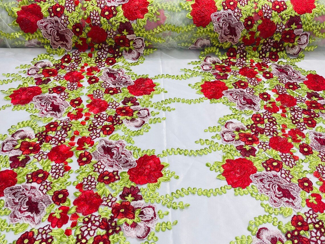 Roses Multi Color Floral Design Embroidered Mesh Lace Fabric - Multi Color Floral Pattern, 50" Width, 36" Length (1 Yard)