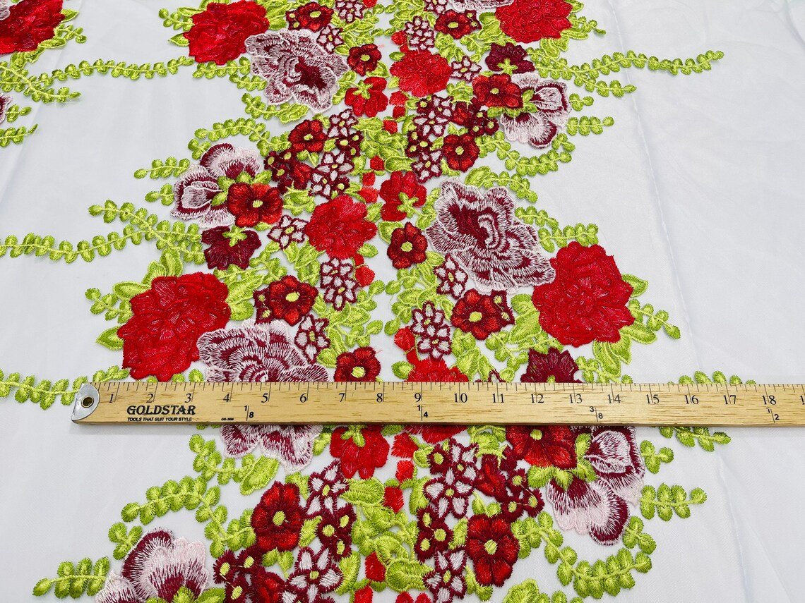 Roses Multi Color Floral Design Embroidered Mesh Lace Fabric - Multi Color Floral Pattern, 50" Width, 36" Length (1 Yard)