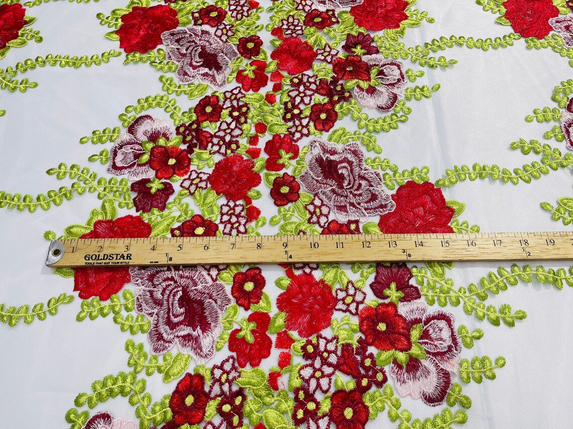 Roses Multi Color Floral Design Embroidered Mesh Lace Fabric - Multi Color Floral Pattern, 50" Width, 36" Length (1 Yard)