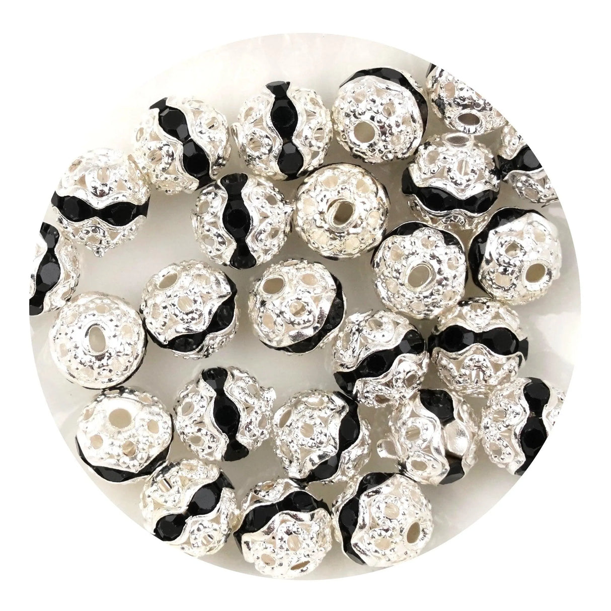 Round String Bead Silver - Black Stones (5 per Bag - 6mm)