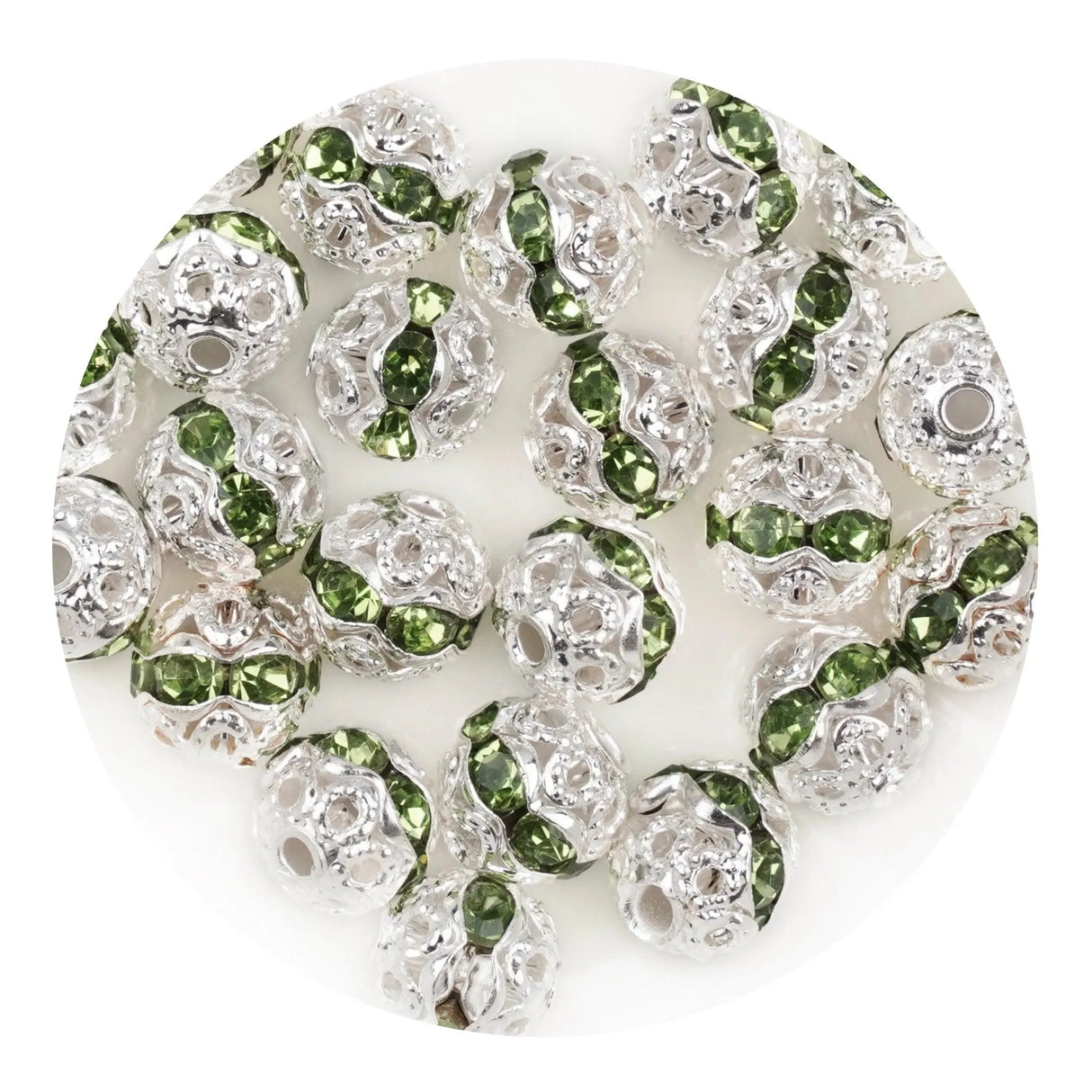 Round String Bead Silver - Green Stones (5 per Bag - 6mm)