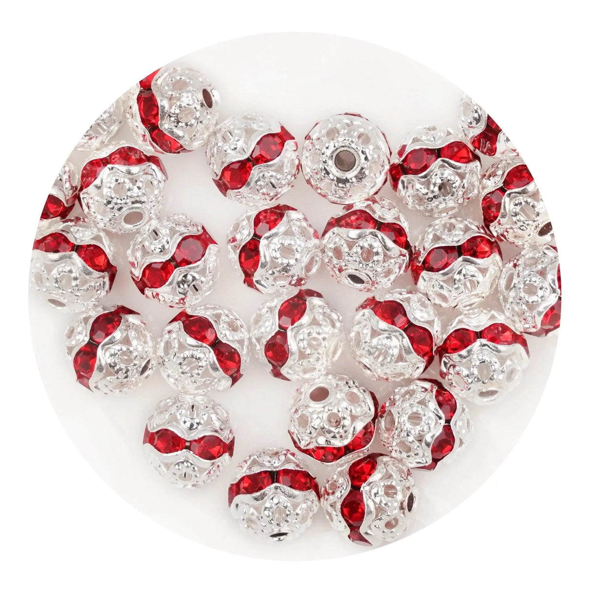 Round String Bead Silver - Red Stones (5 per Bag - 6mm)