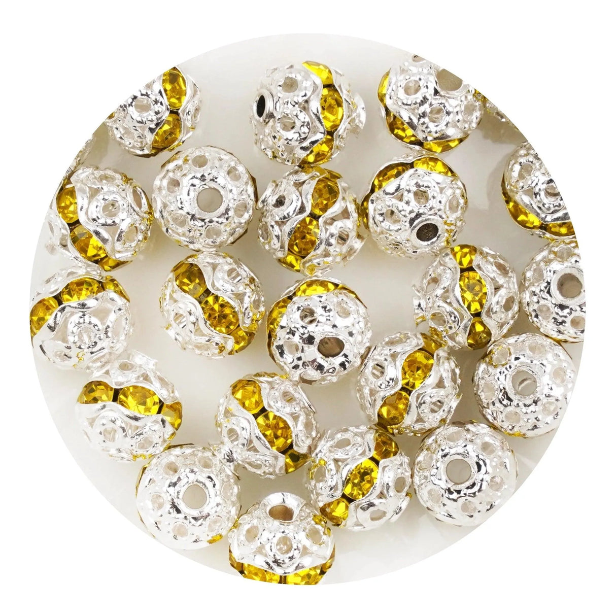 Round String Bead Silver - Yellow Stones (5 per Bag - 6mm)