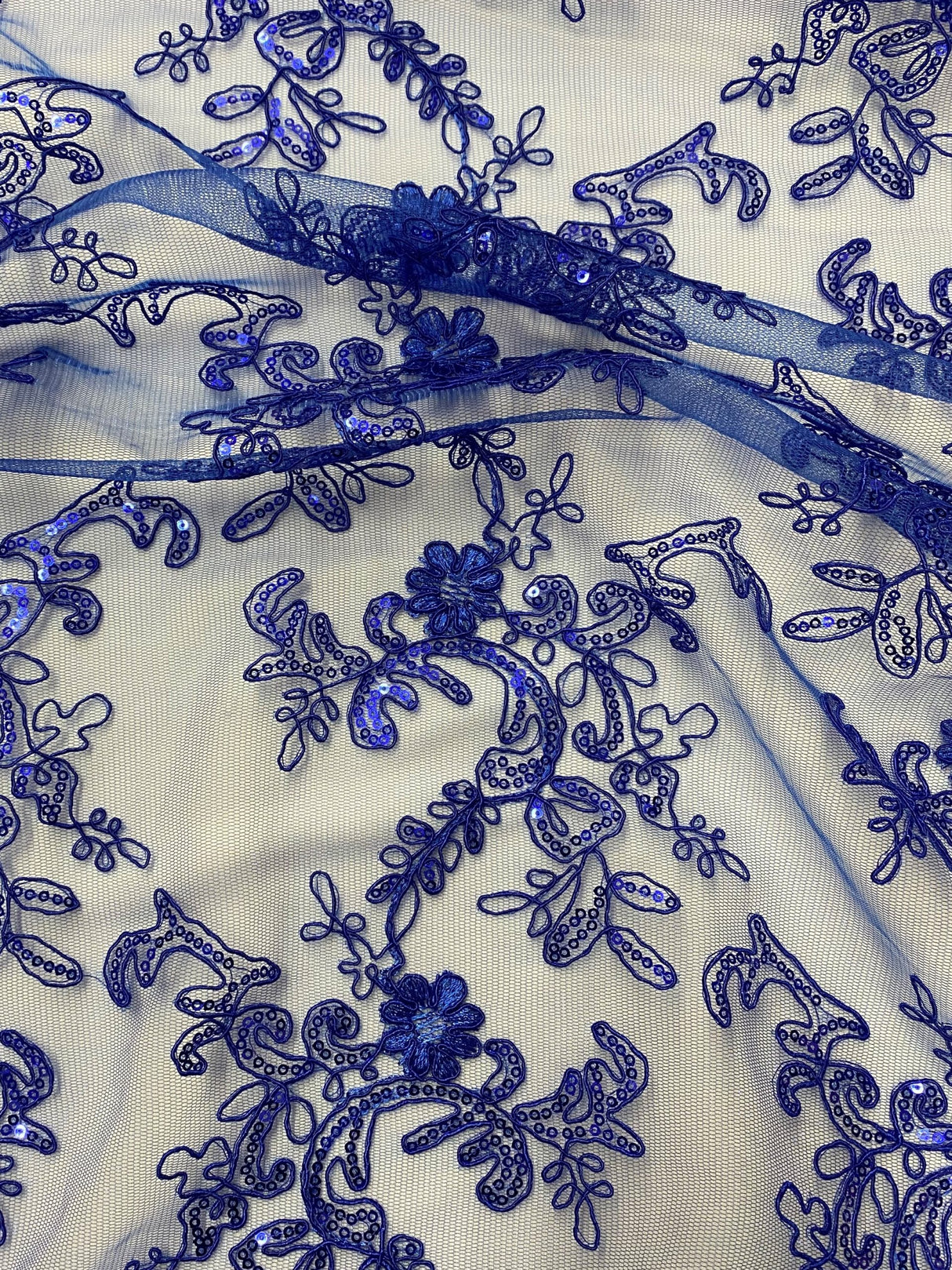 Elena's Lace Royal Blue Polyester Fabric - Corded Mesh Embroidered With Sequins, Double Scalloped Edge, Royal Blue, 54" Width (1 Yard)