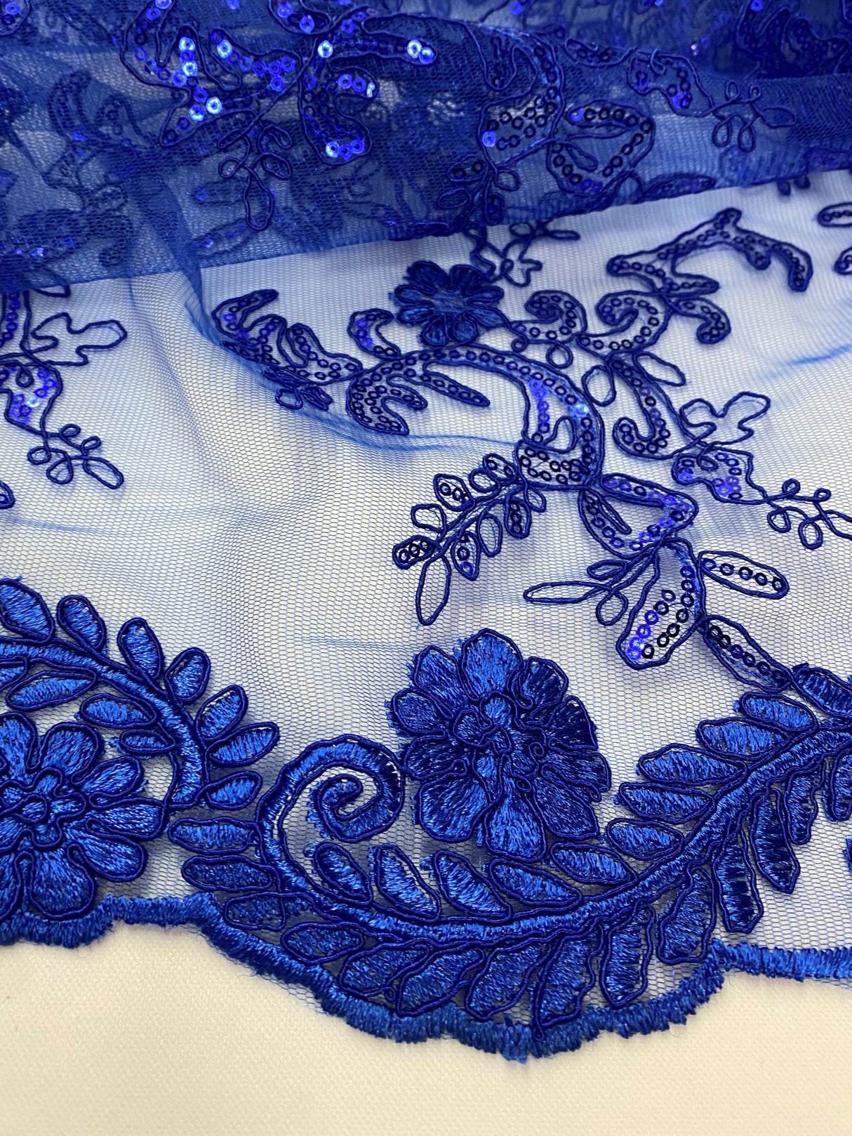 Elena's Lace Royal Blue Polyester Fabric - Corded Mesh Embroidered With Sequins, Double Scalloped Edge, Royal Blue, 54" Width (1 Yard)