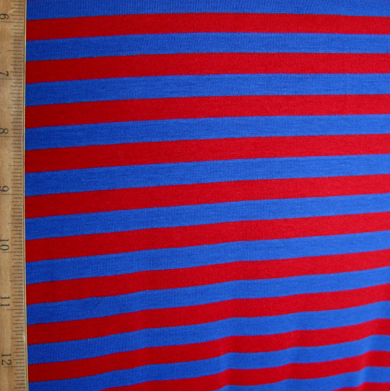 Cotton Lycra Knit Fabric Royal Blue and Red 3/8" Stripe 32" Remnant