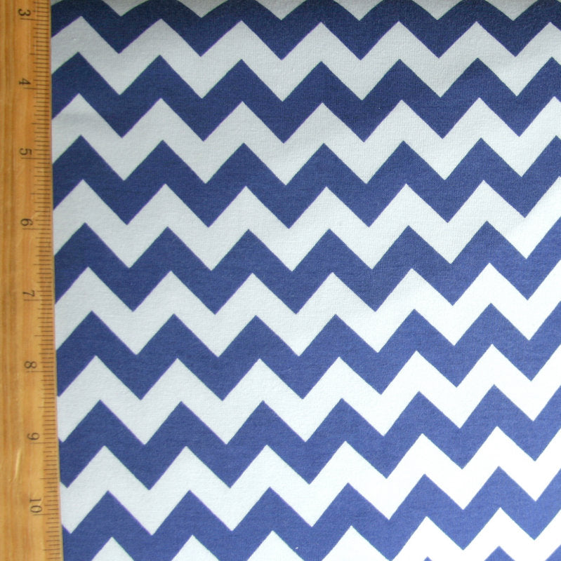 Cotton Lycra Knit Fabric Royal Blue Chevron on White