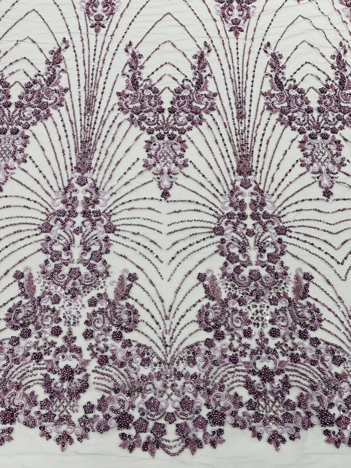 Royalty Damask Beaded Lace Fabric - Damask Pattern, Beaded Mesh, 54" Width (1 Yard)
