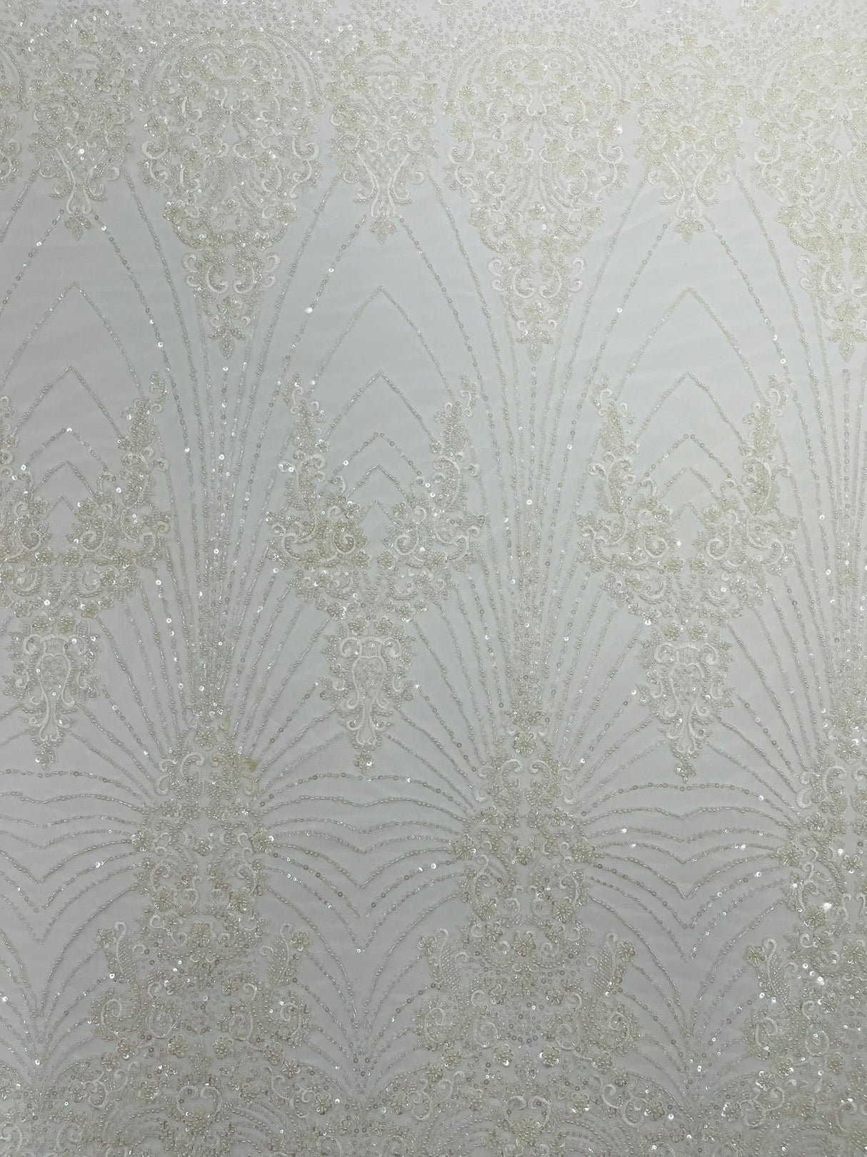 Royalty Damask Beaded Lace Fabric - Damask Pattern, Beaded Mesh, 54" Width (1 Yard)