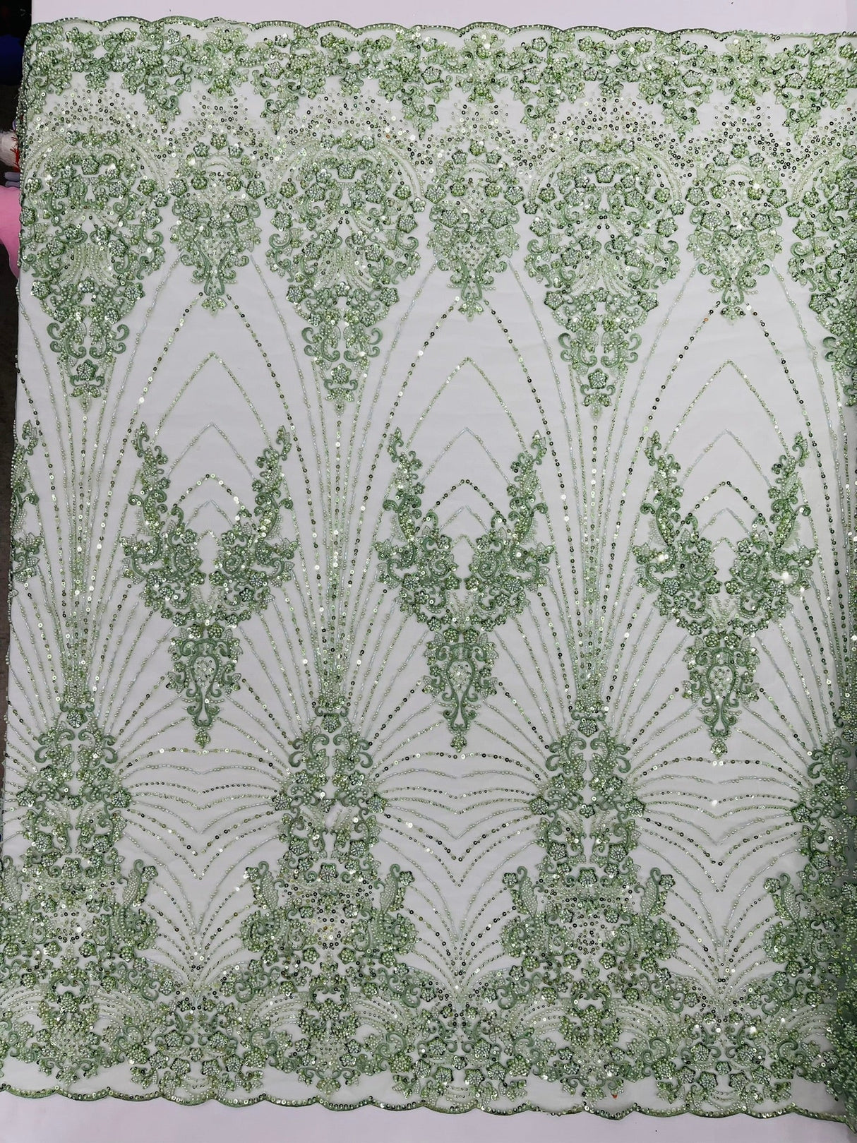 Royalty Damask Beaded Lace Fabric - Damask Pattern, Beaded Mesh, 54" Width (1 Yard)