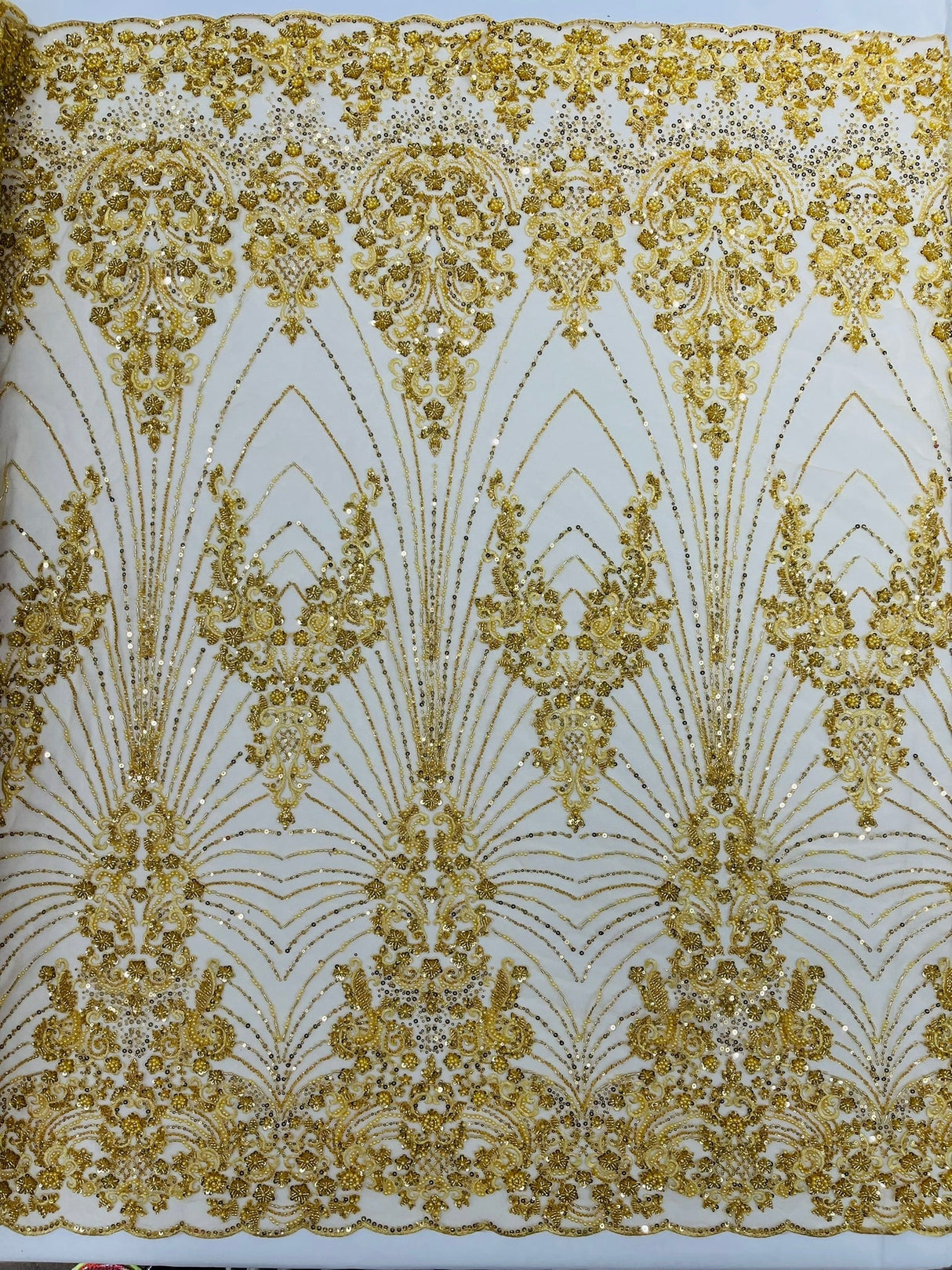 Royalty Damask Beaded Lace Fabric - Damask Pattern, Beaded Mesh, 54" Width (1 Yard)