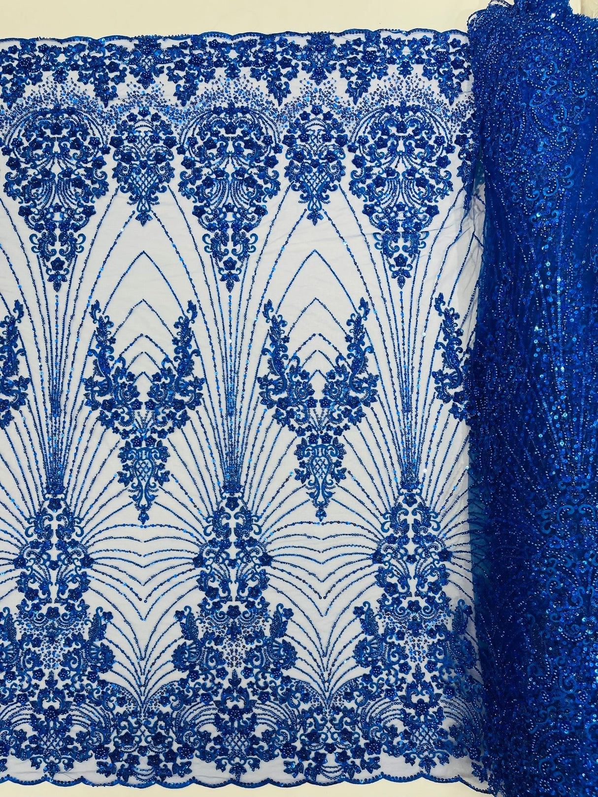 Royalty Damask Beaded Lace Fabric - Damask Pattern, Beaded Mesh, 54" Width (1 Yard)